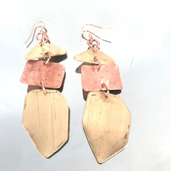 Brass Copper Long Brutalist Statement Earrings - Picture 9 of 13